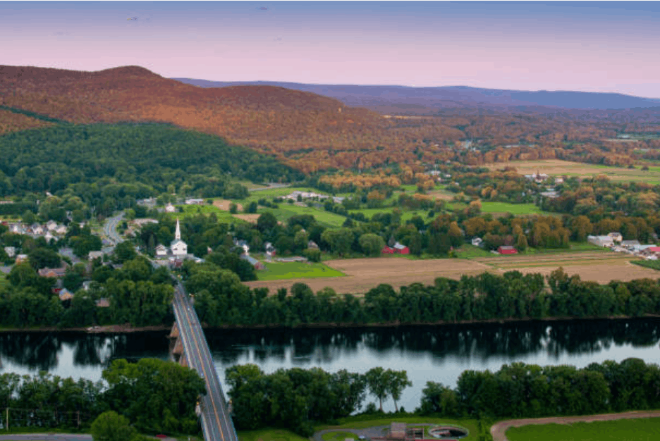 Historic town common and campus buildings in Amherst, Massachusetts