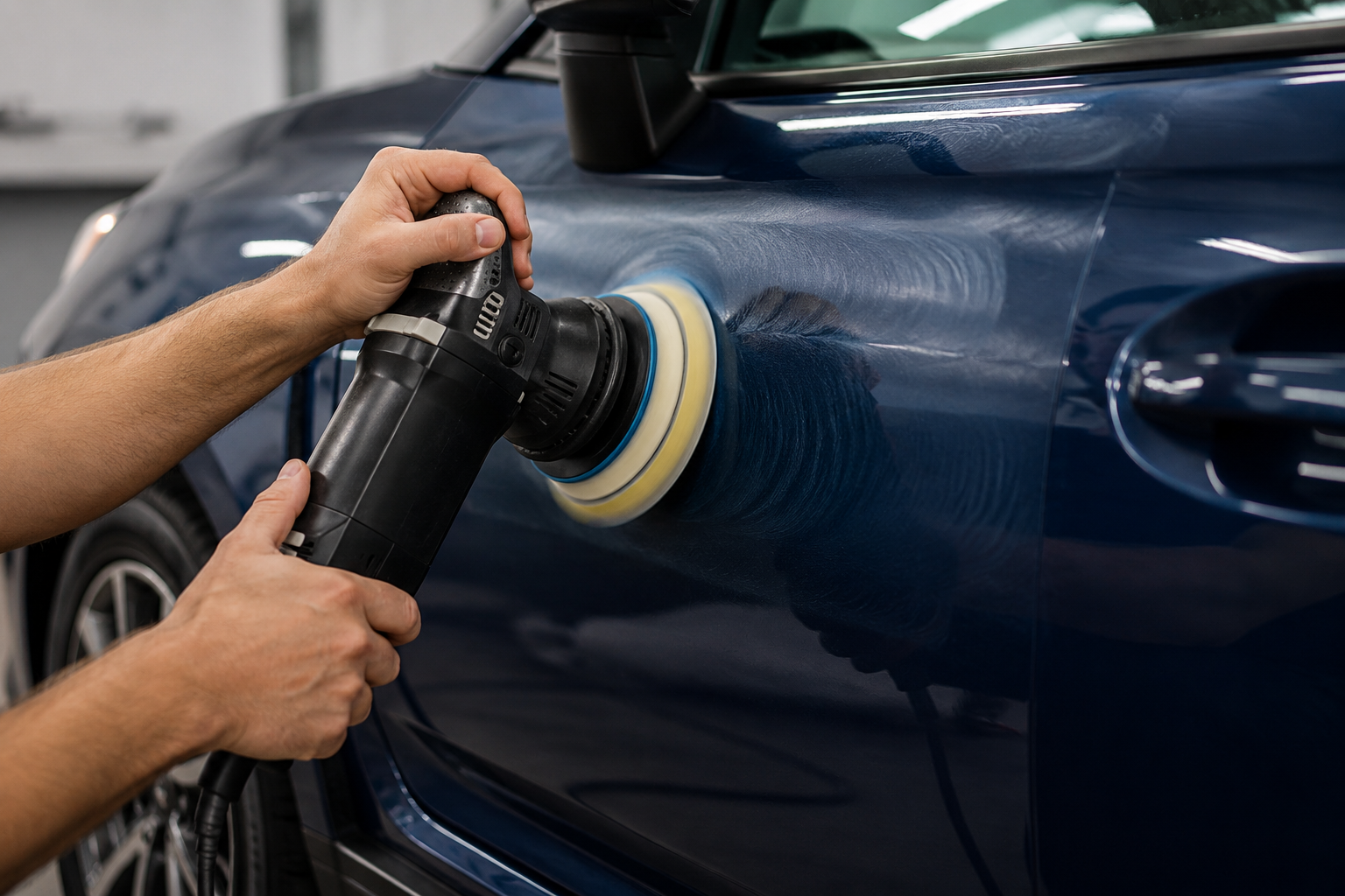 Dual action polisher removing swirl marks from the door of a dark blue car during paint correction