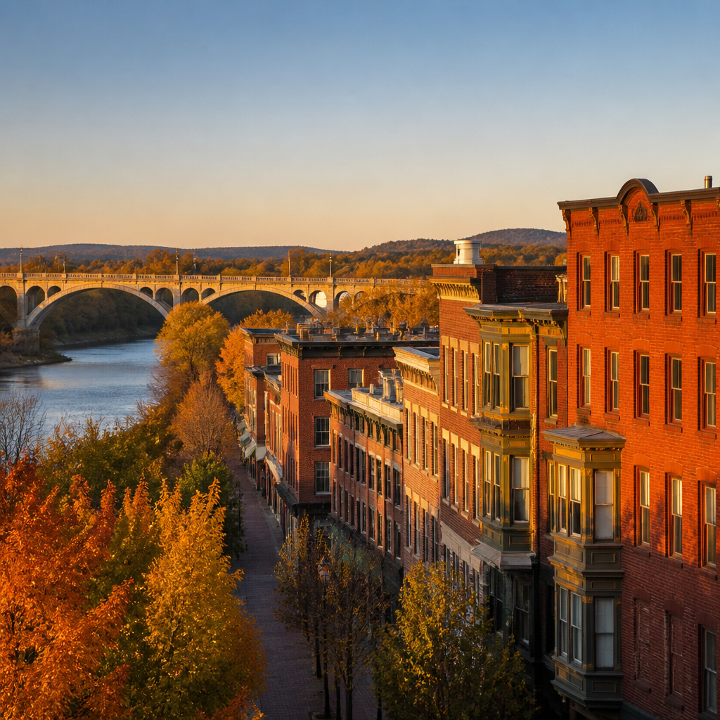Historic downtown Northampton, Massachusetts along the Connecticut River with the Calvin Coolidge Bridge at golden hour
