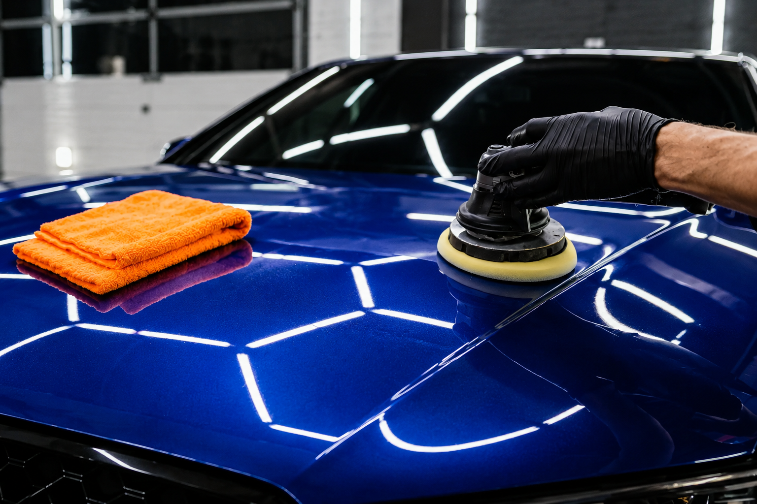 Detailer machine polishing a blue car's hood with an orange microfiber towel during a 1-step paint correction in Belchertown, MA