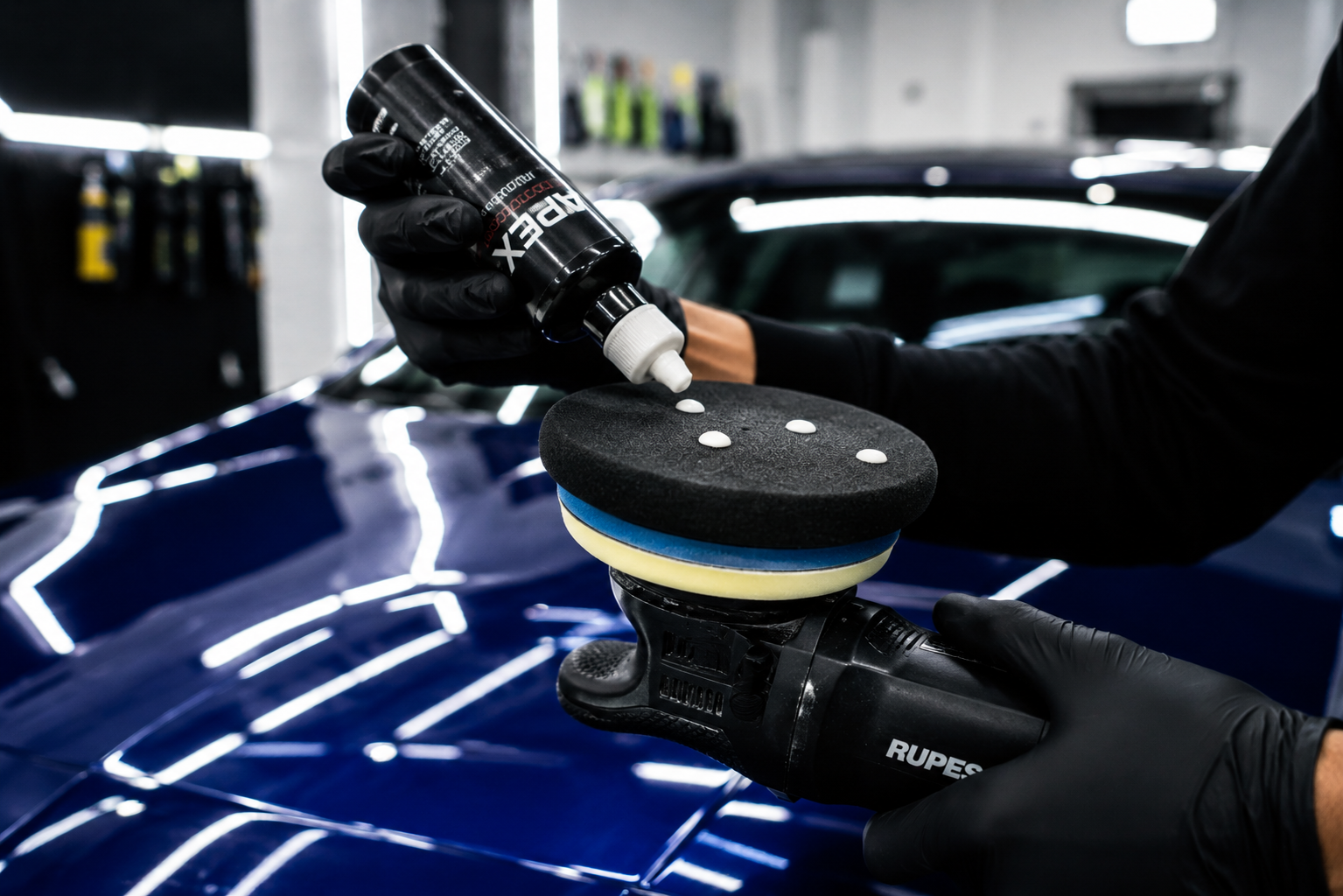 Detailer applying polish to a RUPES machine polisher on a glossy blue car during a 2-step paint correction in Belchertown, MA