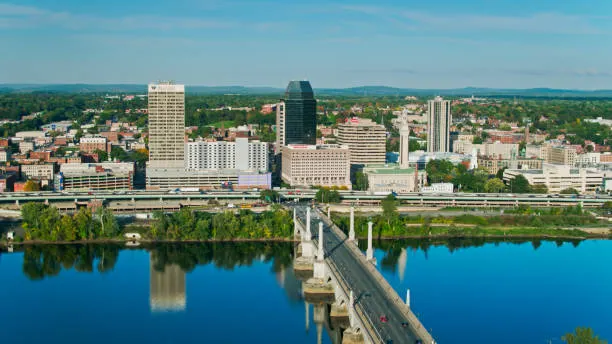 Downtown Springfield, Massachusetts skyline along the Connecticut River