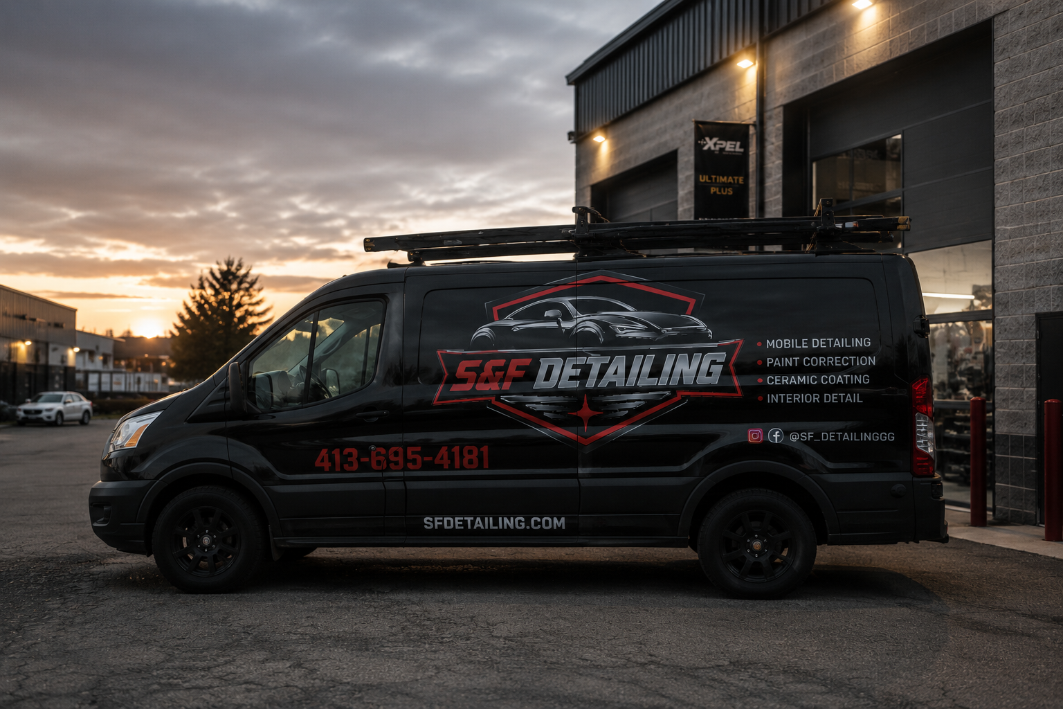 S&F Detailing mobile detailing van parked at sunset in Northampton, MA