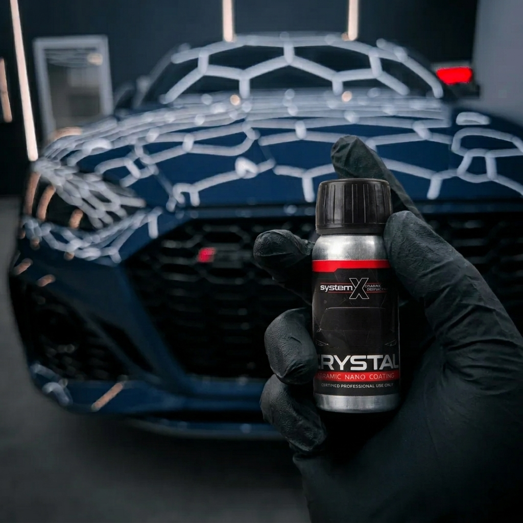 Ceramic coating being hand-applied panel by panel to the hood of a customer vehicle